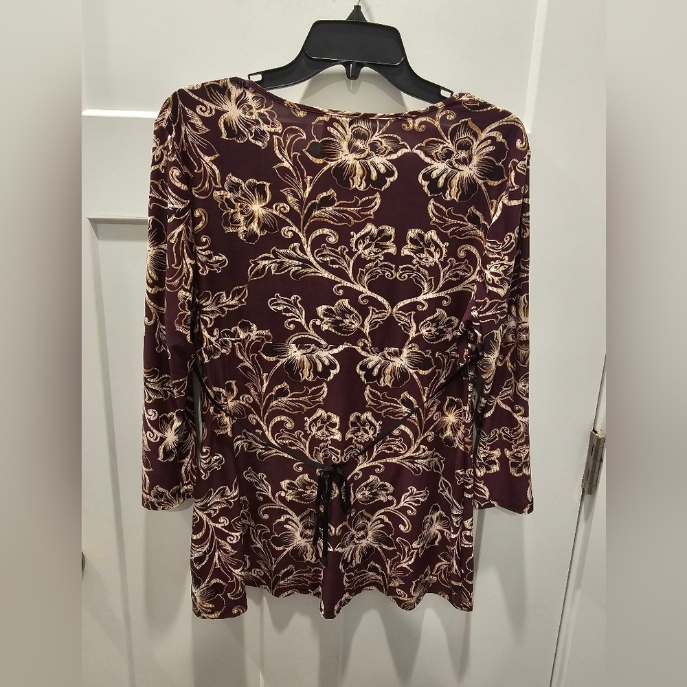Ambrielle Floral Lace Trim V-Neck Tunic Top Purple Beige Long Sleeve Women’s L - Picture 4 of 7